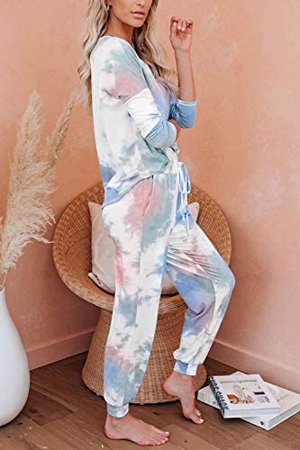 Women 2 Piece Outfits Crewneck Pullover Jogger Pants Tie Dye Sweatsuit - Biwav