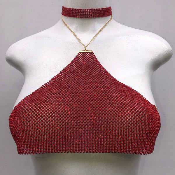 Sexy Halter Metal chain diamond crop top women Bandage Sparkling Bling - Biwav