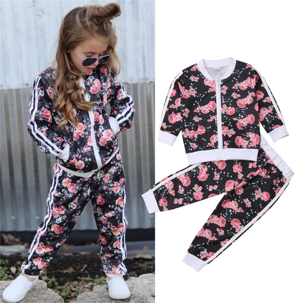 2-7T Kids Girls Set Floral Print Long Sleeve Sweatshirt Pants Cotton Toddler - Biwav