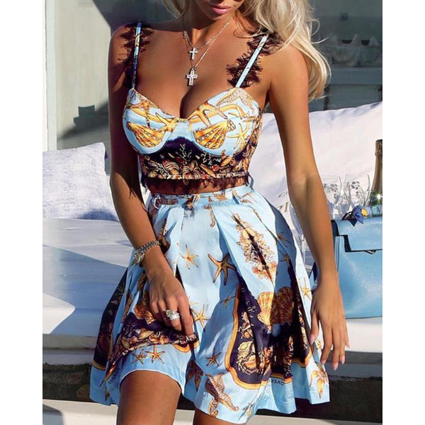 Lace Insert Print Cami Top & Pleated Skirt Set Women Sleeveless - Biwav