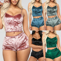 2Pcs Lingerie Velvet V Neck Pajamas Set Chemise Shorts Nightwear - Biwav