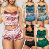 2Pcs Lingerie Velvet V Neck Pajamas Set Chemise Shorts Nightwear - Biwav