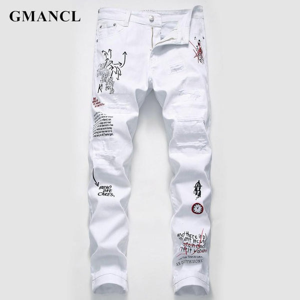 New Men Ripped printed white skinny Jeans - Biwav