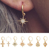 Star Hoop Earrings for Women Gold Coin Cross Small Eyes Tiny Huggie Hoops Earrings With Rhinestones Minimalist Jewelry - Biwav