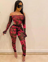 Mech see-through slash neck sexy bodysuit leggings 2 pieces set print outfits - Biwav