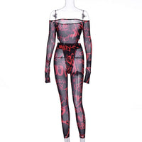 Mech see-through slash neck sexy bodysuit leggings 2 pieces set print outfits - Biwav