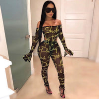 Mech see-through slash neck sexy bodysuit leggings 2 pieces set print outfits - Biwav