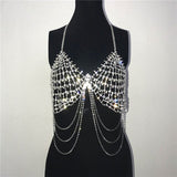 Silver Rhinestone Two Piece Set Tassel Low Cut Backless Grid Crop Top - Biwav