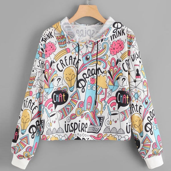 Women Autumn Hoodies Sweatshirt Long Sleeve Graffiti Print Drawstring Hooded Pullover - Biwav