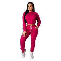 Women two pPiece Set Solid Long Sleeve O Neck Crop Tops T-Shirt Loose Pants tracksuit - Biwav