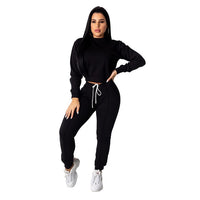 Women two pPiece Set Solid Long Sleeve O Neck Crop Tops T-Shirt Loose Pants tracksuit - Biwav