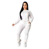 Women two pPiece Set Solid Long Sleeve O Neck Crop Tops T-Shirt Loose Pants tracksuit - Biwav