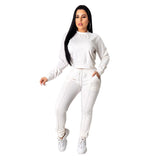 Women two pPiece Set Solid Long Sleeve O Neck Crop Tops T-Shirt Loose Pants tracksuit - Biwav