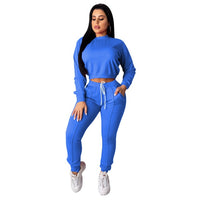 Women two pPiece Set Solid Long Sleeve O Neck Crop Tops T-Shirt Loose Pants tracksuit - Biwav