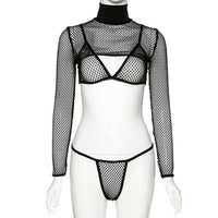 Fishnet Mesh Three Piece Set Bra Thong Crop Top Long Sleeve Party Swimwear 2020 - Biwav