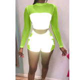 Reflective Patchwork Biker Shorts Long Sleeve Crop Top Women Two Piece Set - Biwav