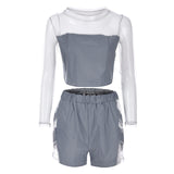 Reflective Patchwork Biker Shorts Long Sleeve Crop Top Women Two Piece Set - Biwav