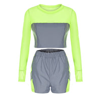 Reflective Patchwork Biker Shorts Long Sleeve Crop Top Women Two Piece Set - Biwav