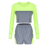 Reflective Patchwork Biker Shorts Long Sleeve Crop Top Women Two Piece Set - Biwav