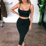 Spaghetti Strap Set Crop Top Black And Midi Bodycon Skirt Long Backless - Biwav