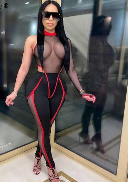 See Through Long Sleeve Mesh One Shoulder Two Piece Bodysuit - Biwav