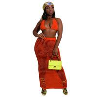 Fishnet Knitted Two Piece Set Skirt Women Sexy Hollow Out Suits Bra Top+ Long Skirt - Biwav