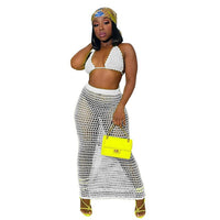 Fishnet Knitted Two Piece Set Skirt Women Sexy Hollow Out Suits Bra Top+ Long Skirt - Biwav