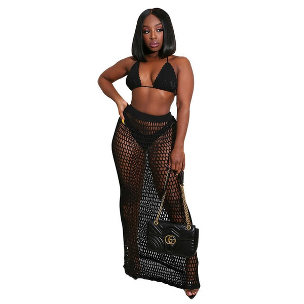 Fishnet Knitted Two Piece Set Skirt Women Sexy Hollow Out Suits Bra Top+ Long Skirt - Biwav