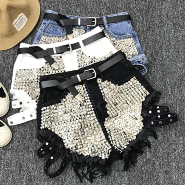 Rivet denim shorts NEW summer women high waist loose tassel jeans shorts - Biwav