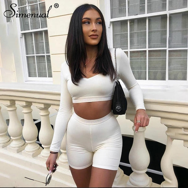 Women Long Sleeve Two Piece Outfits Basic Crop Top And Biker Shorts Sets - Biwav