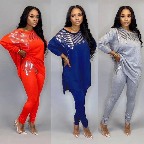 Sequined Two Piece Set Women Outfit Long Top And Pant - Biwav