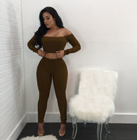 Women long sleeve crop top full pants 2 piece set - Biwav