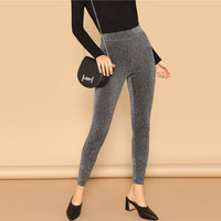 Silver Elastic Waist Sparkle Maxi Leggings Casual stretchy Solid Leggings Pants - Biwav