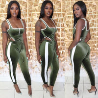 Velvet bodysuit pencil pants suit two piece set Sexy sleeveless casual tracksuit - Biwav