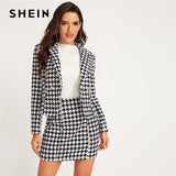 Shawl Collar Houndstooth Print Blazer And Bodycon Skirt Elegant Suit Sets - Biwav