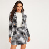 Shawl Collar Houndstooth Print Blazer And Bodycon Skirt Elegant Suit Sets - Biwav