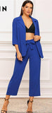 Solid Notched Neck Blazer and Belted Crop Pants 2 Piece Set Women - Biwav