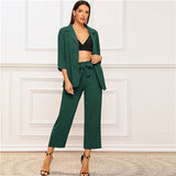 Solid Notched Neck Blazer and Belted Crop Pants 2 Piece Set Women - Biwav