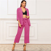 Solid Notched Neck Blazer and Belted Crop Pants 2 Piece Set Women - Biwav