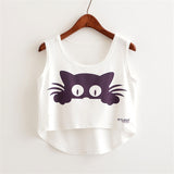 Women Crop Top Sleeveless Cat Panda Print Summer Casual Top - Biwav