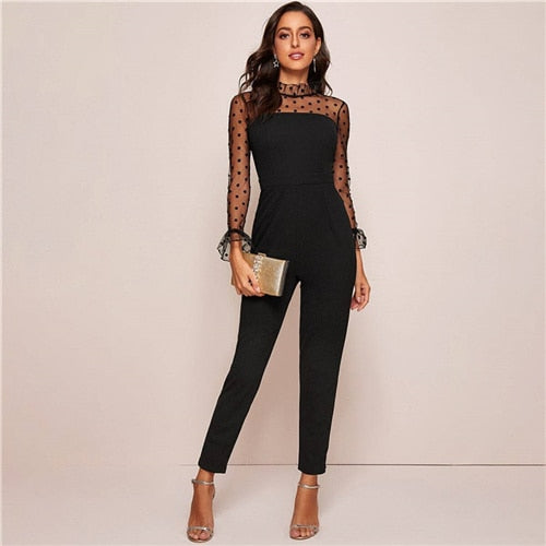 Women Spring Stand Collar Flounce Sleeve Button Back Sheer Jumpsuits - Biwav