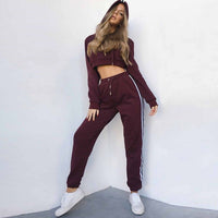 Tracksuit 2pcs Women Set Hoodies Crop Top Sweatshirt+Side Stripe Pants Hooded 2 Pieces Sets - Biwav