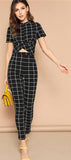 Twist Front Grid Crop Top And Skinny Pants Matching Set Women Short Sleeve Plaid - Biwav