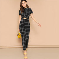 Twist Front Grid Crop Top And Skinny Pants Matching Set Women Short Sleeve Plaid - Biwav