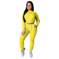 Women two pPiece Set Solid Long Sleeve O Neck Crop Tops T-Shirt Loose Pants tracksuit - Biwav