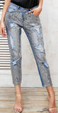 Sequin blue jeans women bottom Streetwear zipper fringe ripped jeans loose fit - Biwav