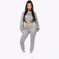 Women Tracksuit Crop Top Trousers Casual Sportwear Matching Set - Biwav