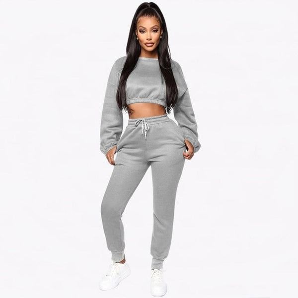 Women Tracksuit Crop Top Trousers Casual Sportwear Matching Set - Biwav