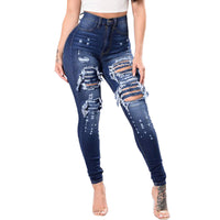 Women Slim Washed Ripped Hole Gradient Long Denim - Biwav