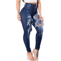 Women Slim Washed Ripped Hole Gradient Long Denim - Biwav